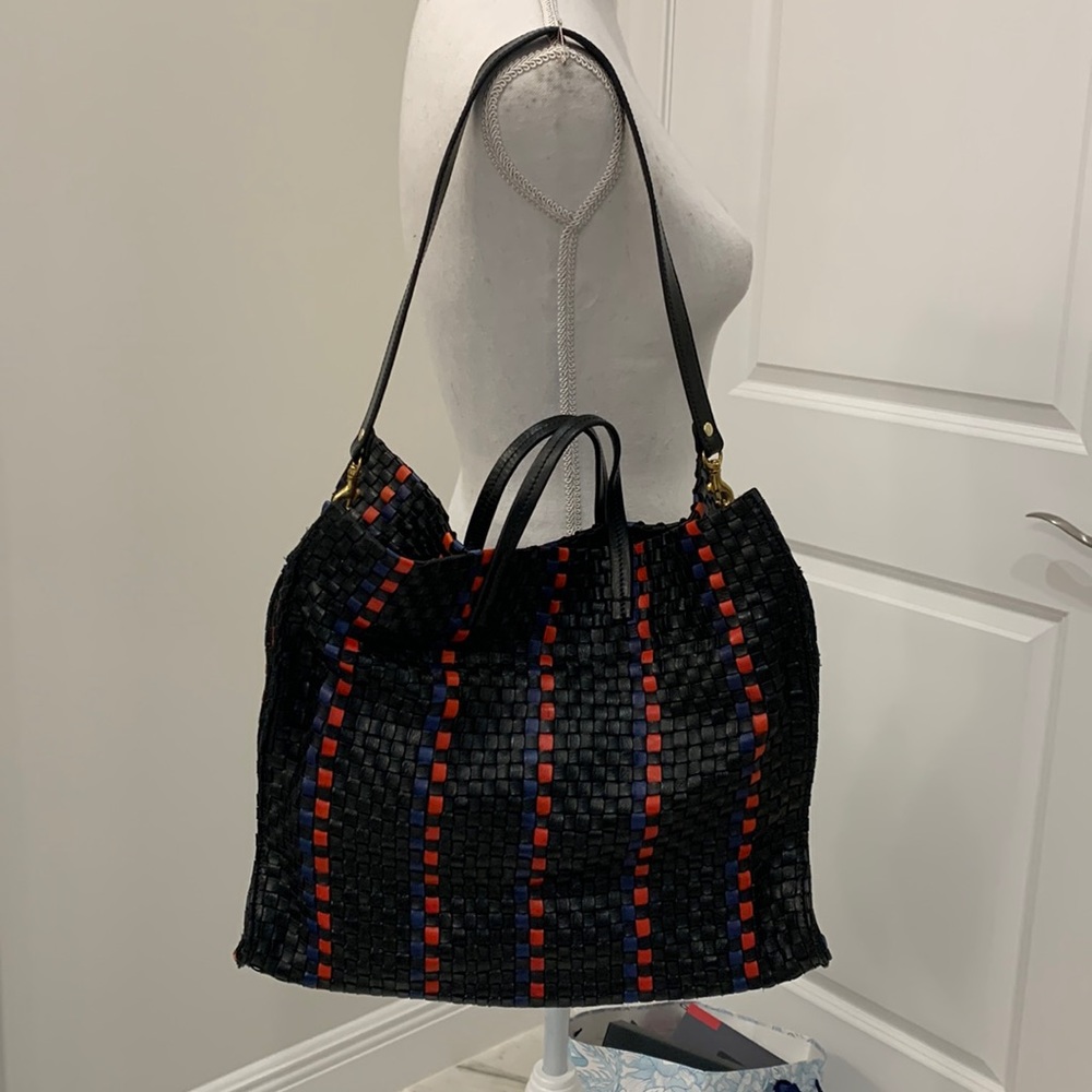 Clare V Simple Tote - Black With Pacific & Cherry Woven Stripe Checker Weave